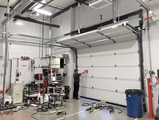 Longmont Garage Door Repair certified technician performing commercial door repair at a Longmont business facility