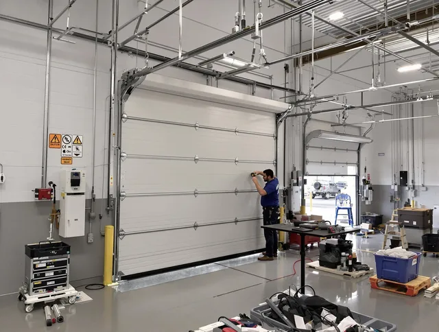 Commercial garage door repair being performed by Longmont Garage Door Repair expert in Longmont