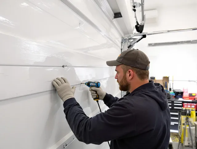 Longmont Garage Door Repair technician demonstrating precision dent removal techniques on a Longmont garage door