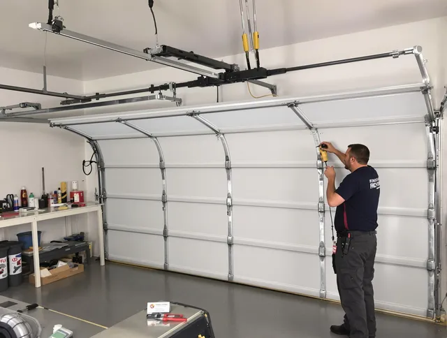 Longmont Garage Door Repair certified technician performing overhead door system repair in Longmont