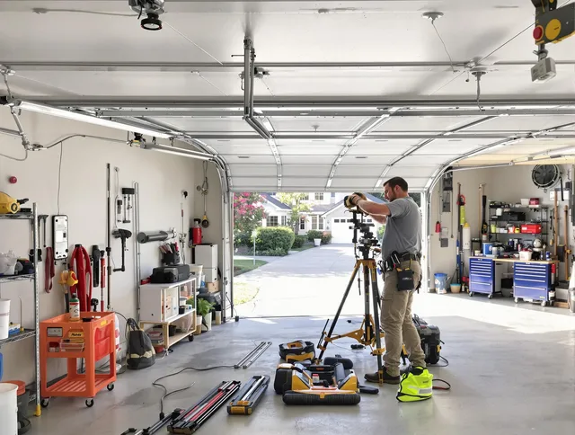 Longmont Garage Door Repair specialist performing laser-guided track alignment in Longmont